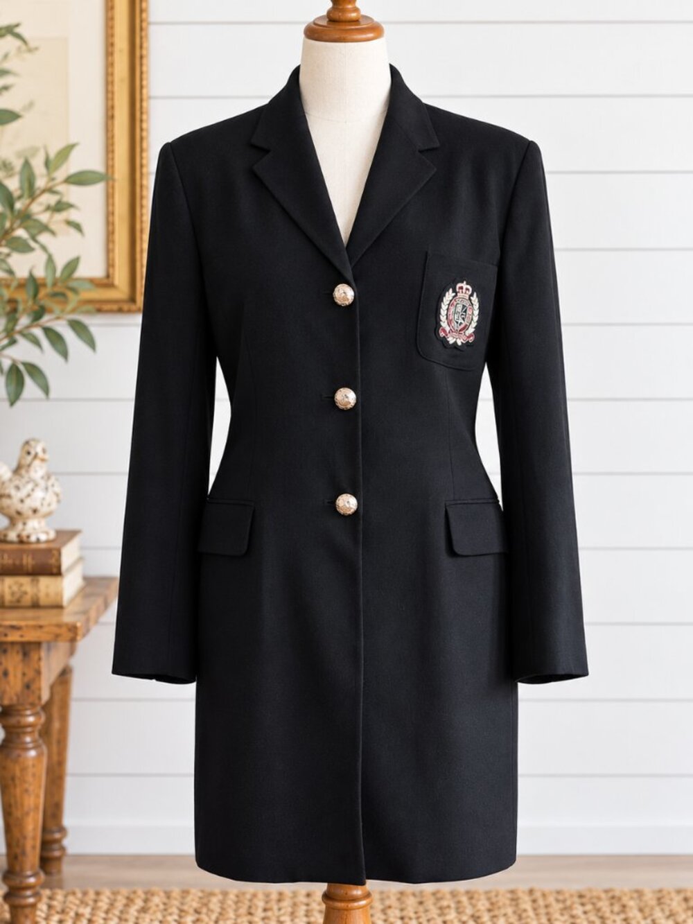 Vintage 90s Ralph Lauren Black Wool Crest Blazer Hacking Jacket Coat Womens 14P